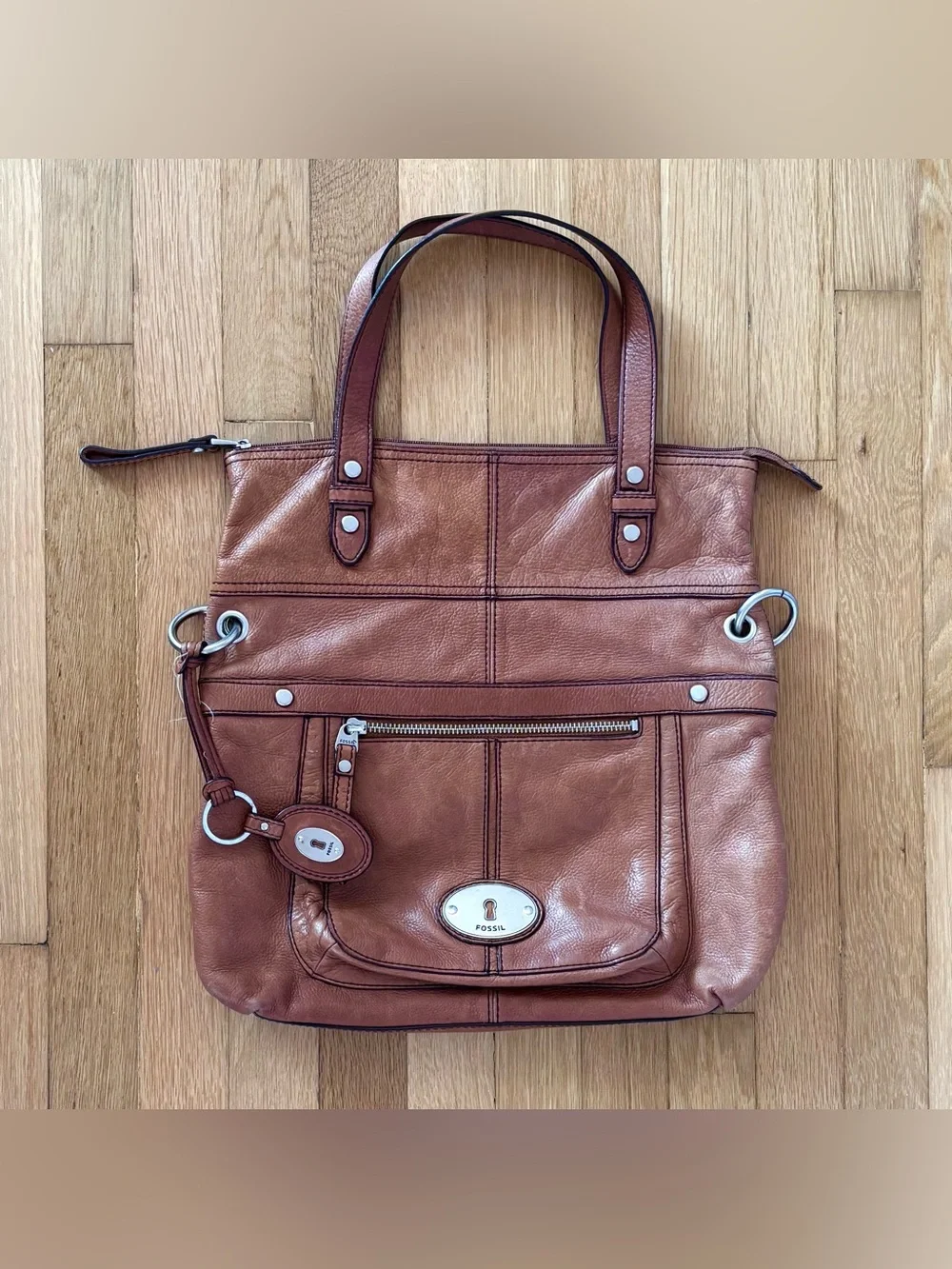 FOSSIL Vintage Brown Leather Shoulder Bag Large Tote Purse Y2K Utility Slouchy